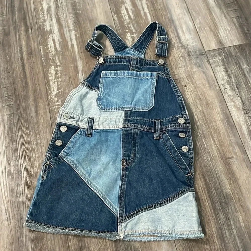GAP denim patchwork button front overall dress small 6/7